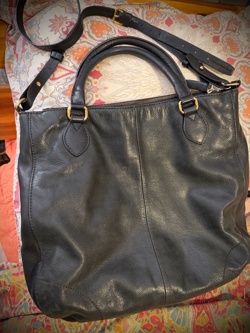 J. Crew Black Leather Convertible Tote with Gold Hardware